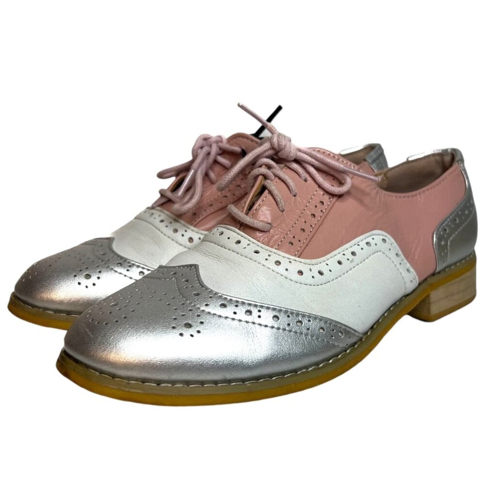 Wingtip Brogue Color Block Leather Oxfords 37 US 7 Pink Silver Saddle Shoes Retr